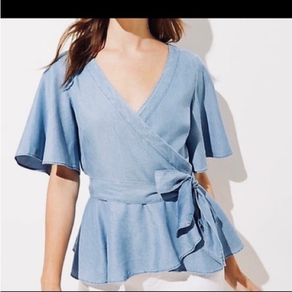 LOFT Chambray Wrap Top Petite - Picture 3 of 5